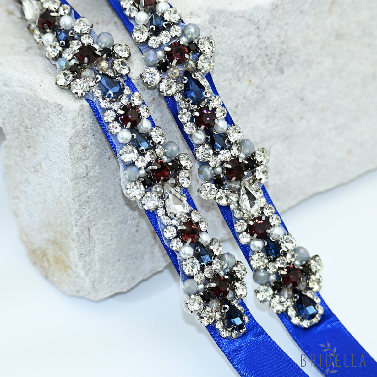 Blue Rhinestone Pearl Bridal Sash Wedding Dress Belt – Bridella BS125ML - ink blue - Belts