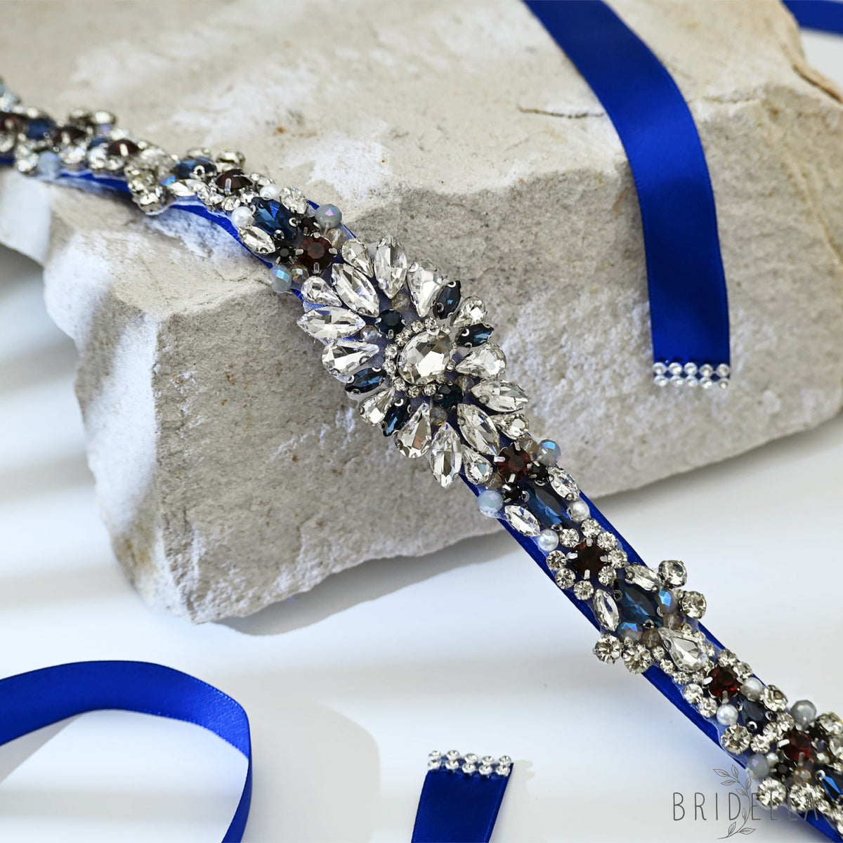 Blue Rhinestone Pearl Bridal Sash Wedding Dress Belt – Bridella BS125ML - ink blue - Belts