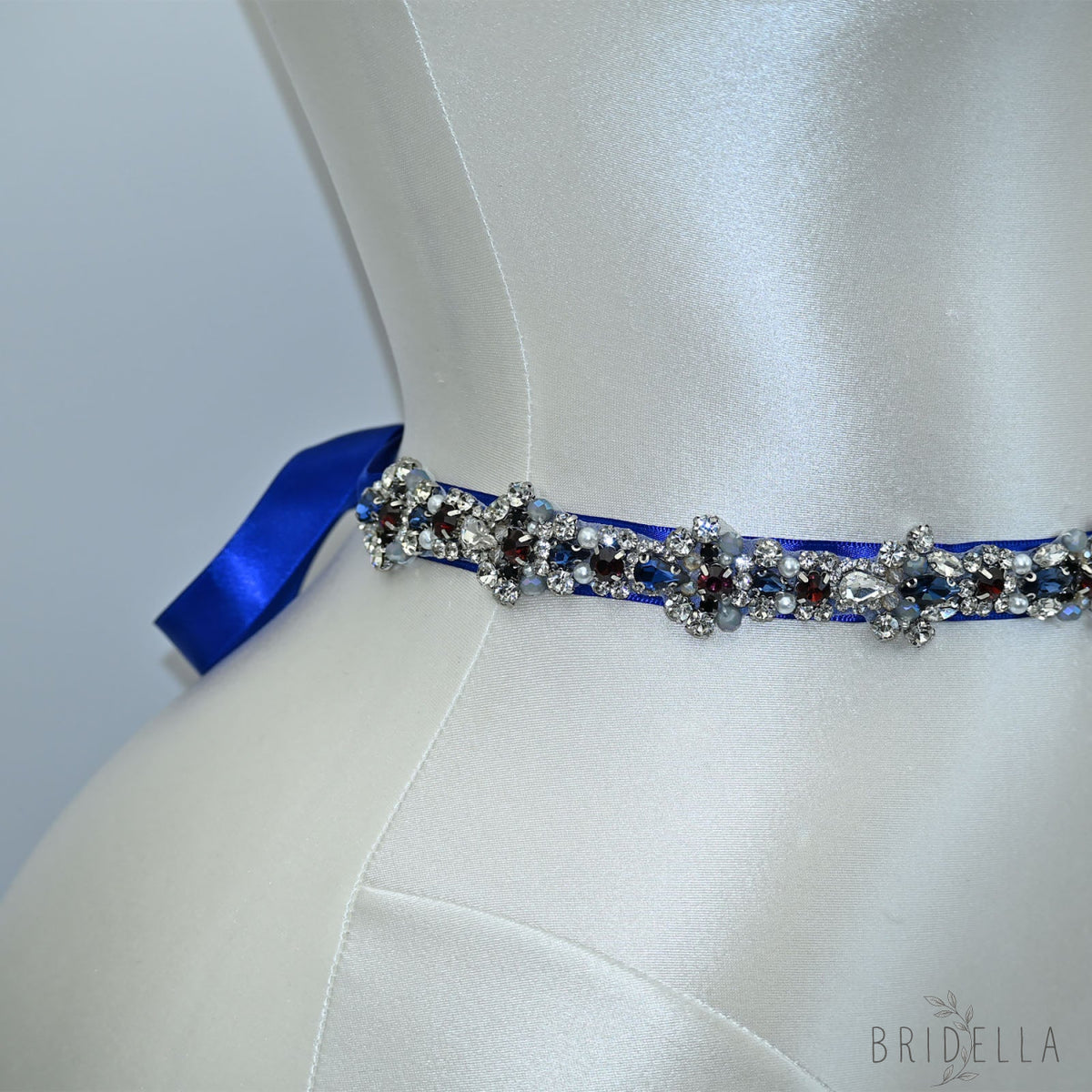Blue Rhinestone Pearl Bridal Sash Wedding Dress Belt – Bridella BS125ML - ink blue - Belts
