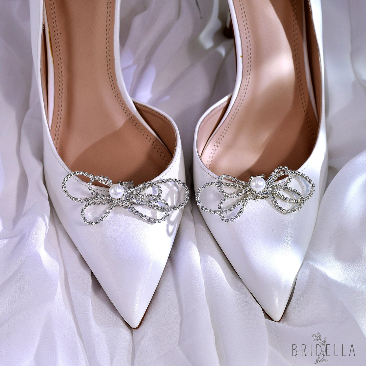Bow Rhinestone Bridal Shoe Clips Wedding Heel Decoration - Bridella BHX66 - White