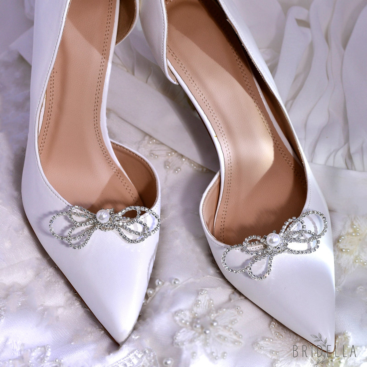Bow Rhinestone Bridal Shoe Clips Wedding Heel Decoration - Bridella BHX66 - White
