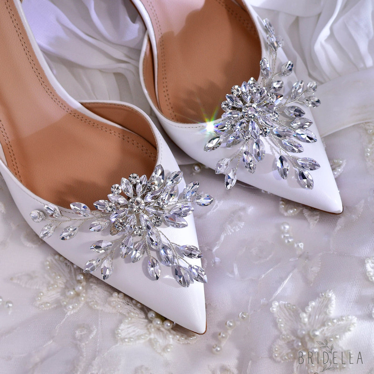 Bridal Rhinestone Shoe Clips Wedding Heel Side Decoration - Bridella BHX54 - White