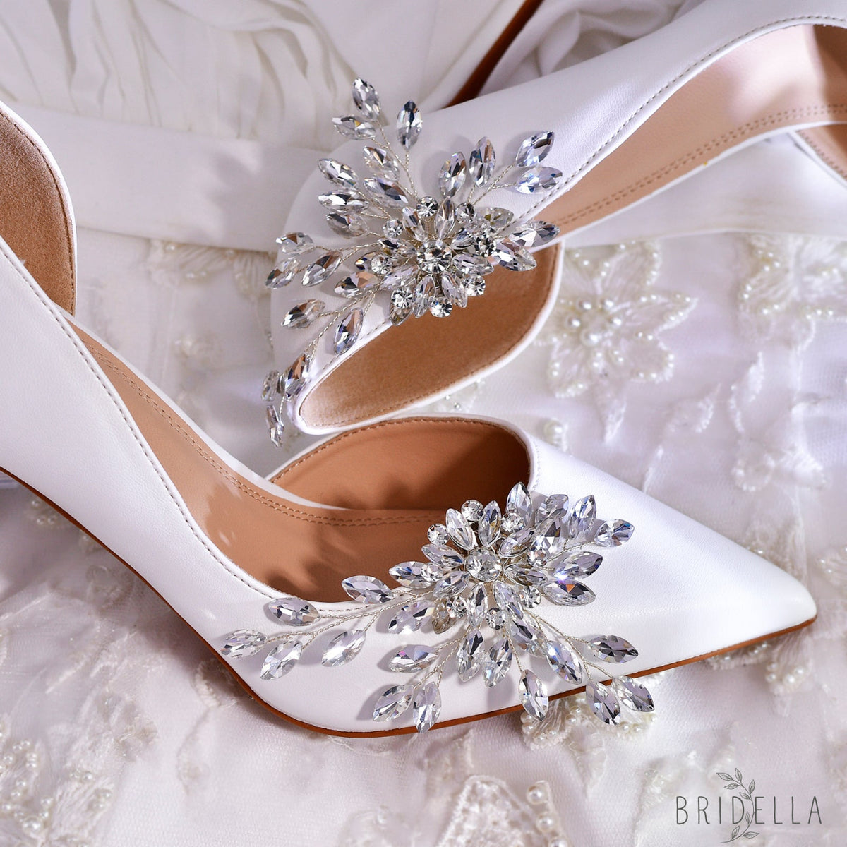 Bridal Rhinestone Shoe Clips Wedding Heel Side Decoration - Bridella BHX54 - White