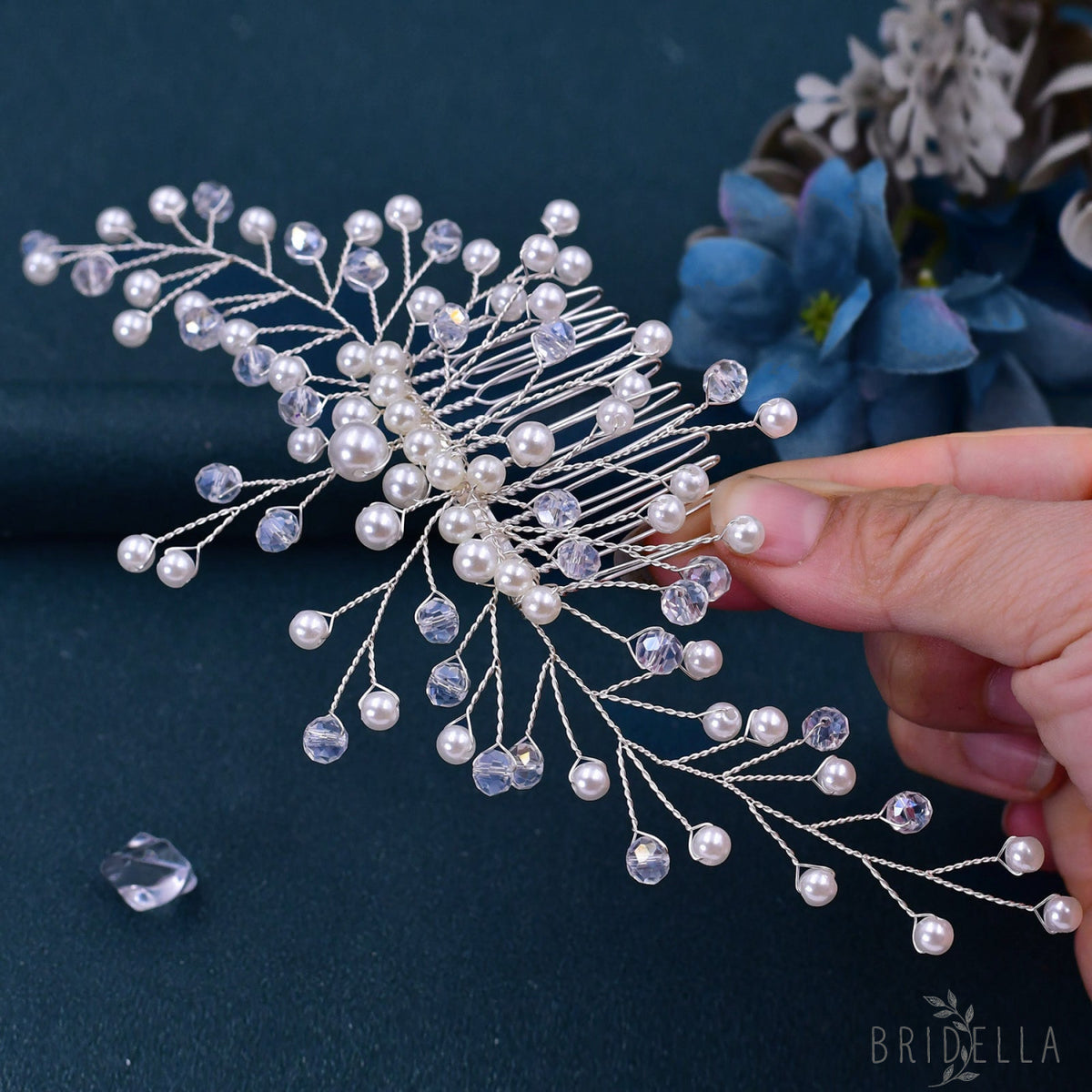 BHP341-S silver pearl crystal hair comb