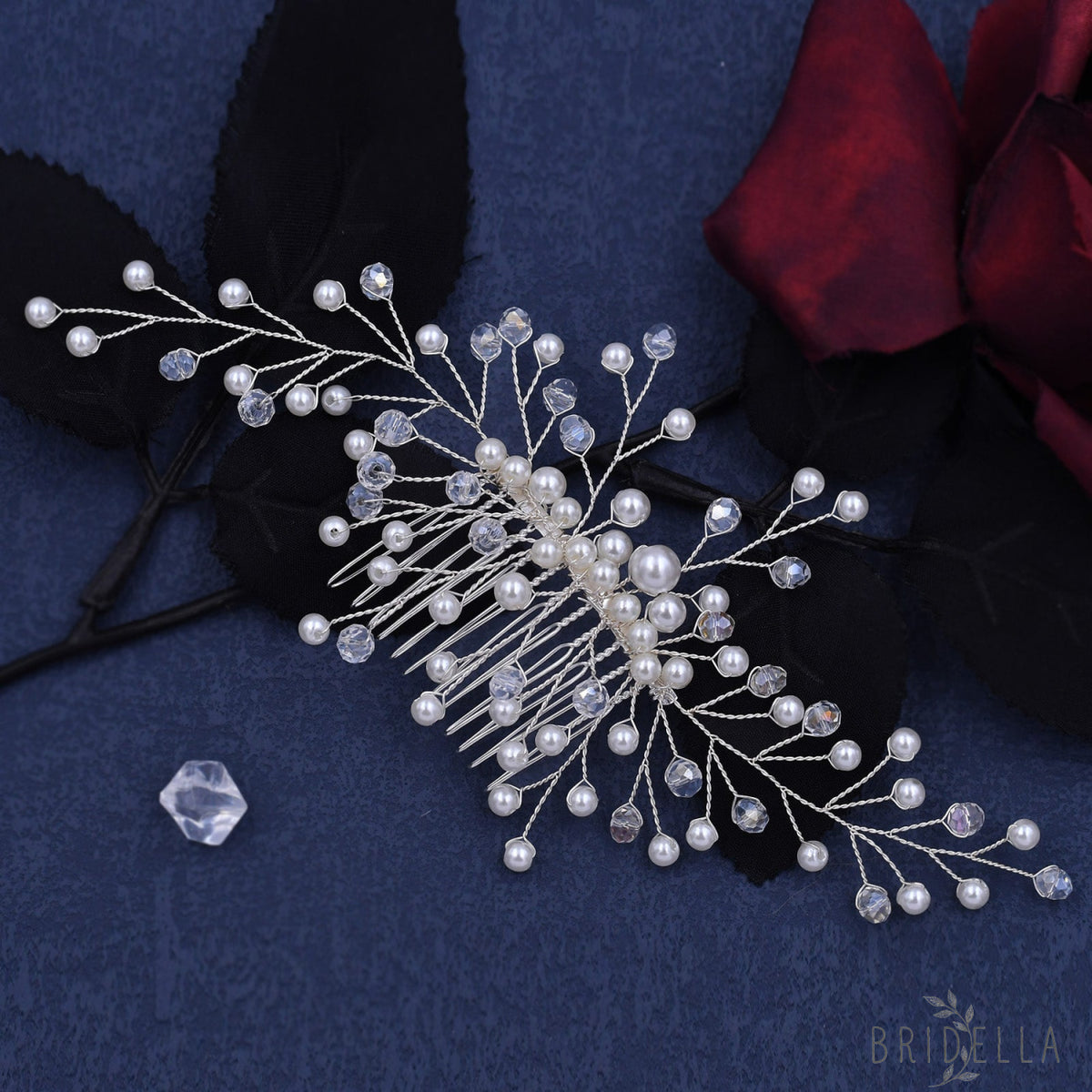 BHP341-S silver pearl crystal hair comb
