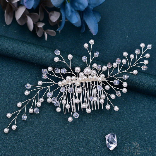 BHP341-S silver pearl crystal hair comb