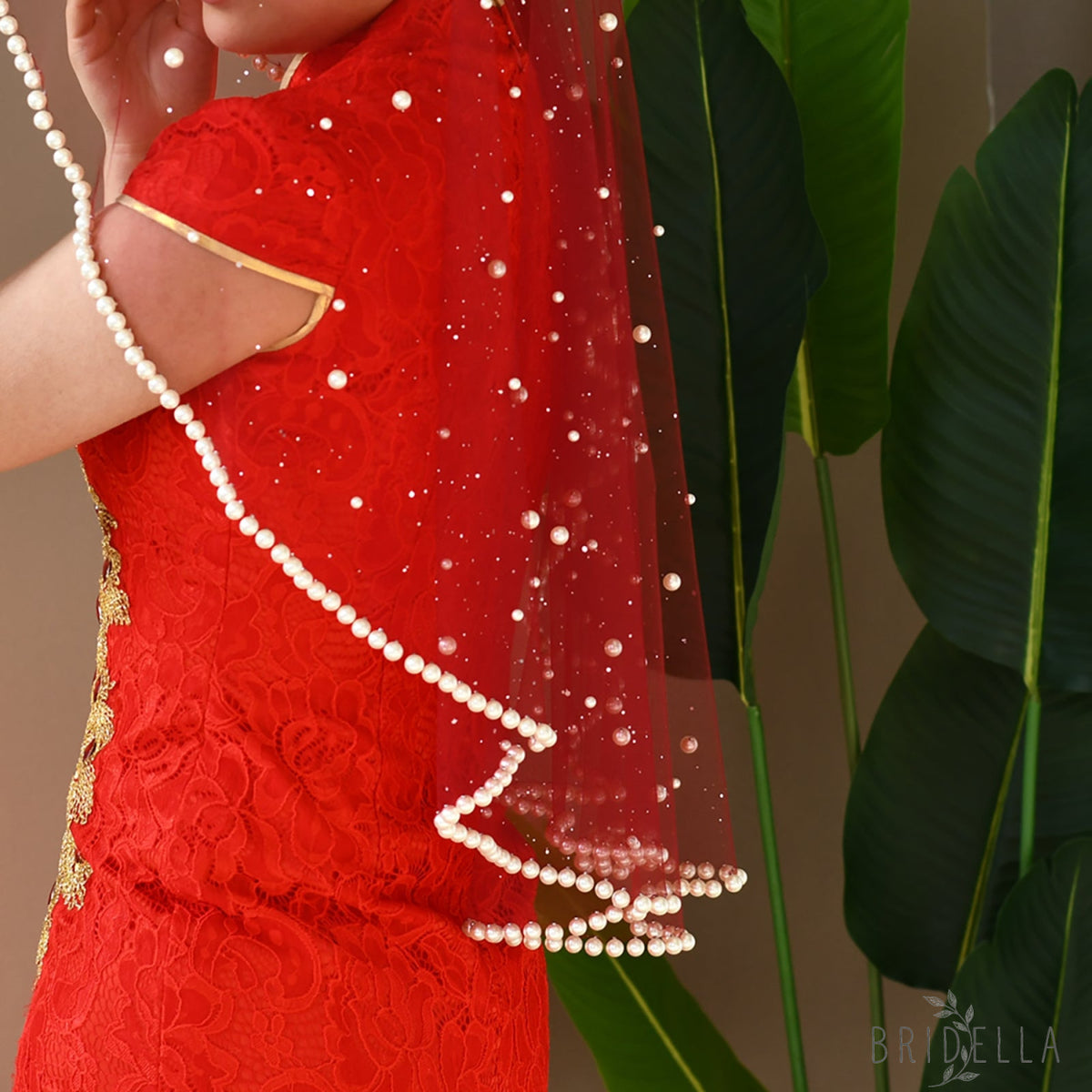 V267-JN1 burgundy pearl mesh veil