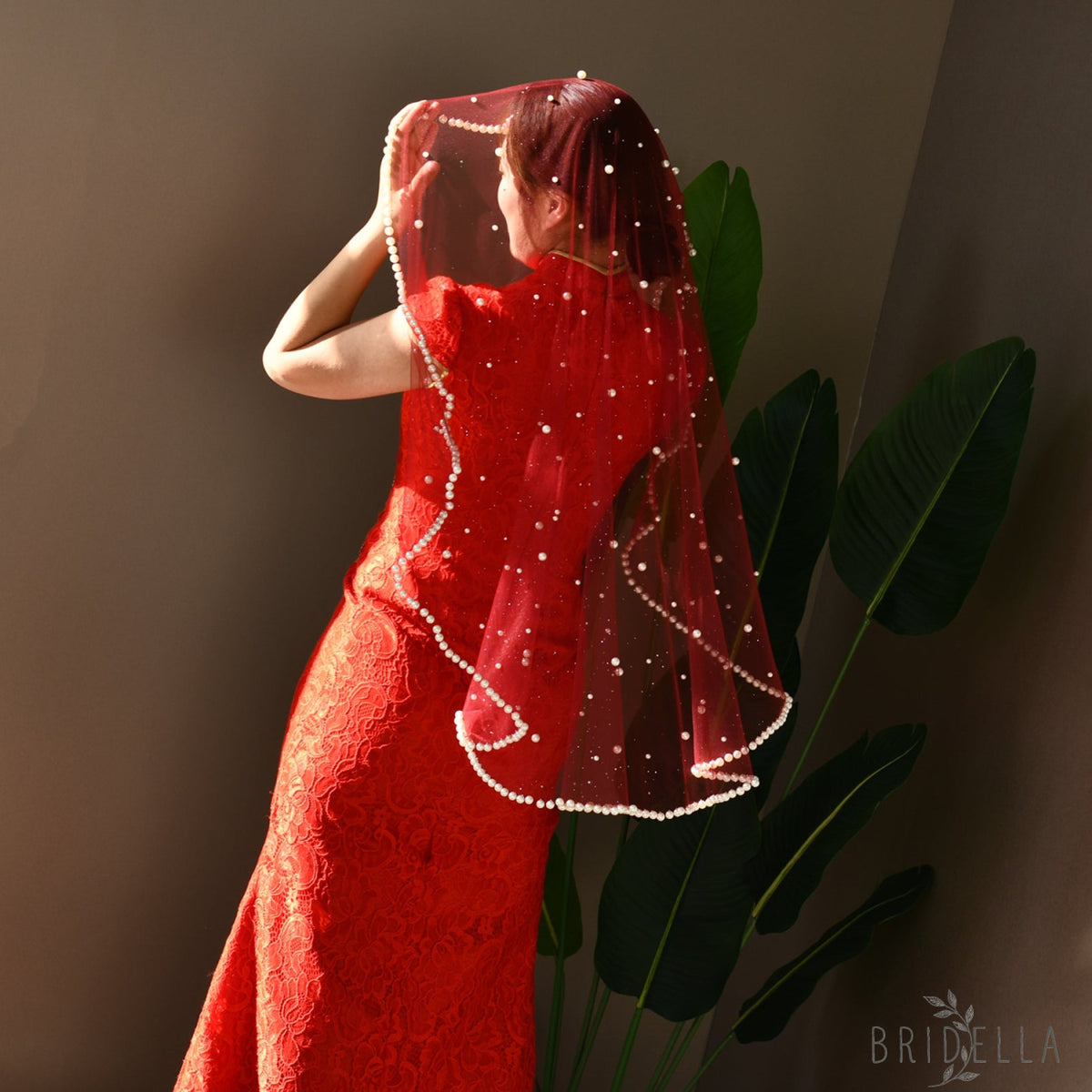 V267-JN1 burgundy pearl mesh veil
