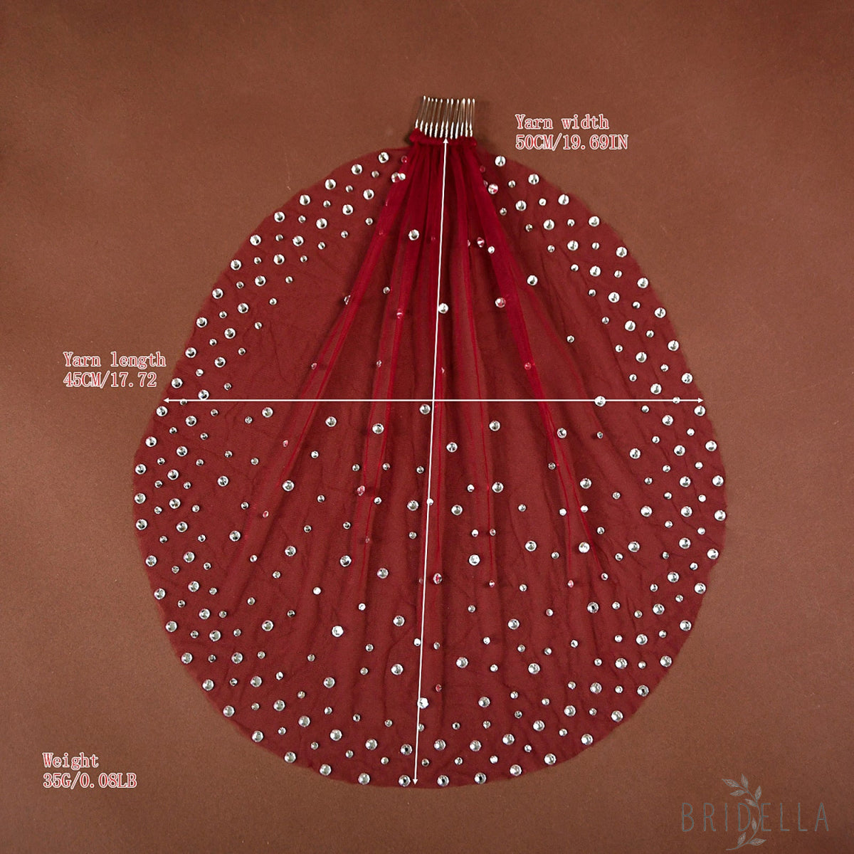 Burgundy Rhinestone Bridal Blusher Veil Mini Wedding Veil With Comb - Bridella BMA07-R - Red