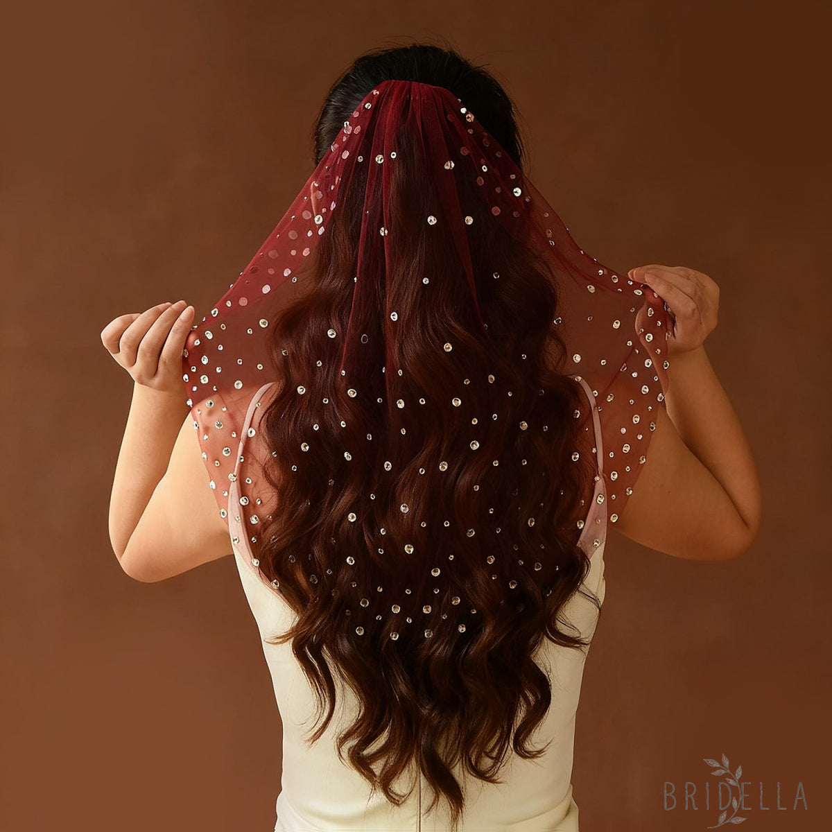 Burgundy Rhinestone Bridal Blusher Veil Mini Wedding Veil With Comb - Bridella BMA07-R - Red