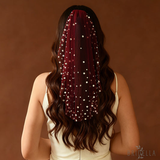 Burgundy Rhinestone Bridal Blusher Veil Mini Wedding Veil With Comb - Bridella BMA07-R - Red