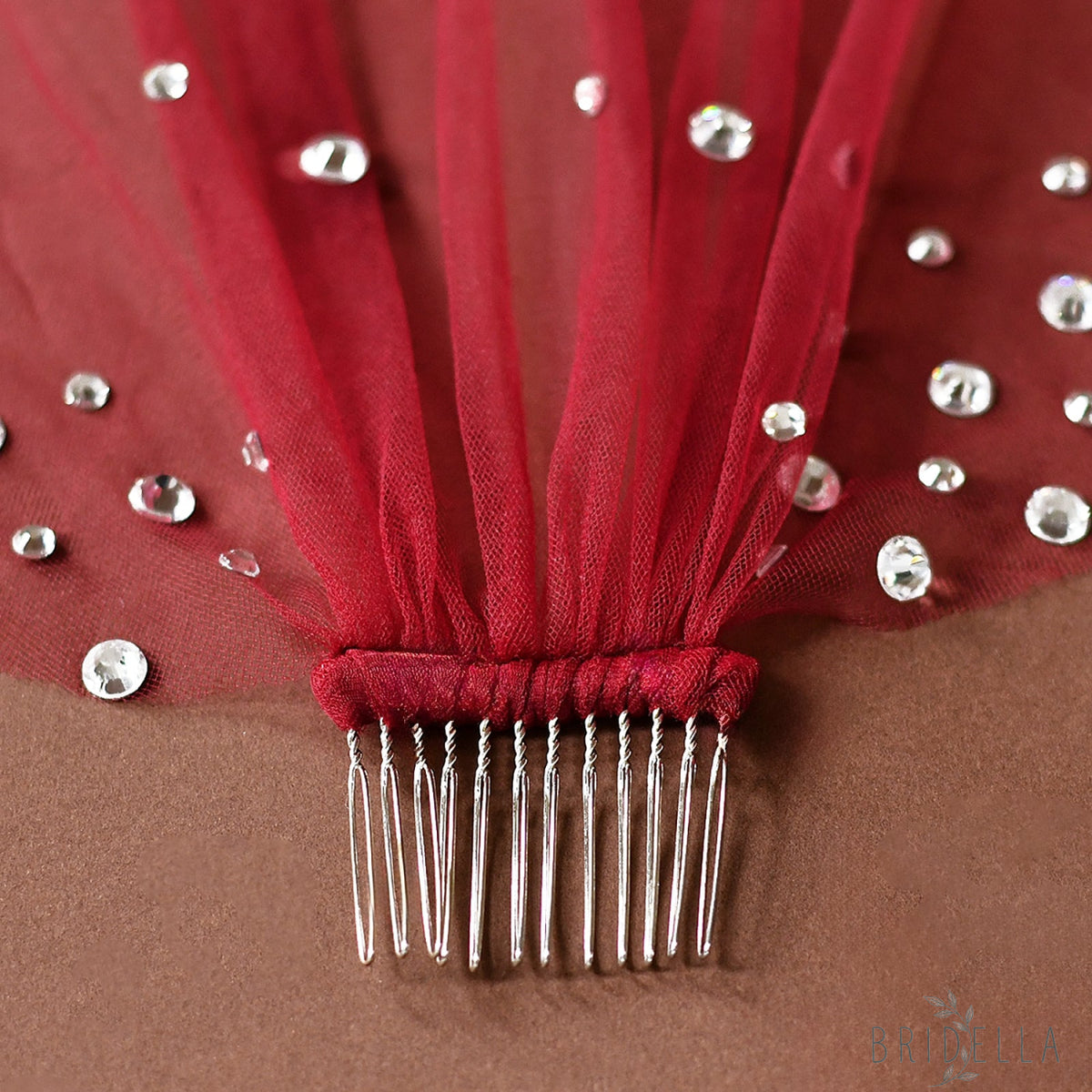 Burgundy Rhinestone Bridal Blusher Veil Mini Wedding Veil With Comb - Bridella BMA07-R - Red