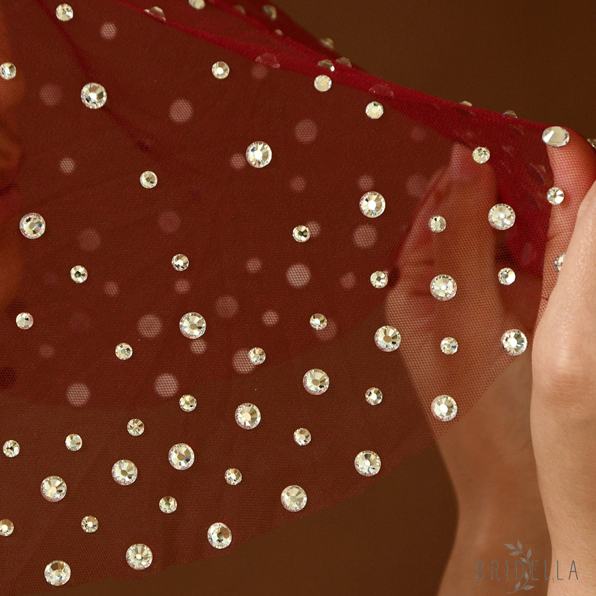 Burgundy Rhinestone Bridal Blusher Veil Mini Wedding Veil With Comb - Bridella BMA07-R - Red