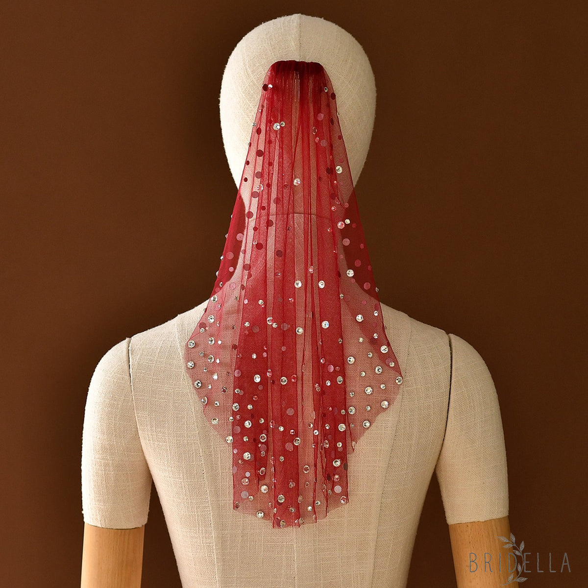 Burgundy Rhinestone Bridal Blusher Veil Mini Wedding Veil With Comb - Bridella BMA07-R - Red