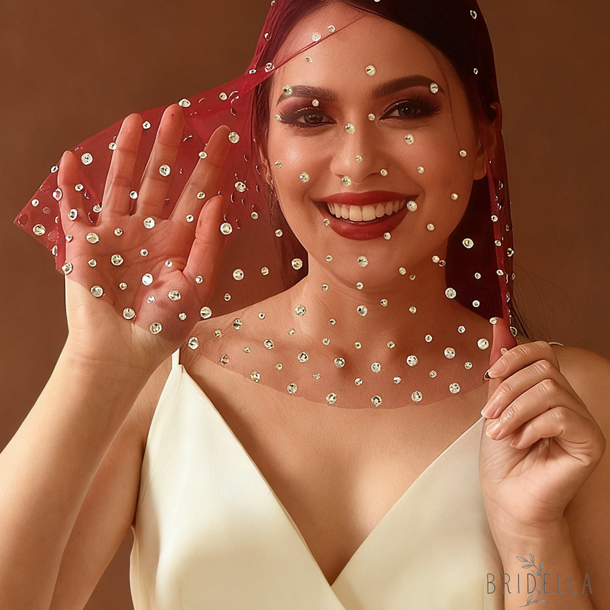 Burgundy Rhinestone Bridal Blusher Veil Mini Wedding Veil With Comb - Bridella BMA07-R - Red