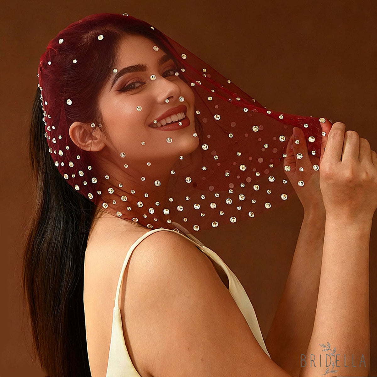Burgundy Rhinestone Bridal Blusher Veil Mini Wedding Veil With Comb - Bridella BMA07-R - Red