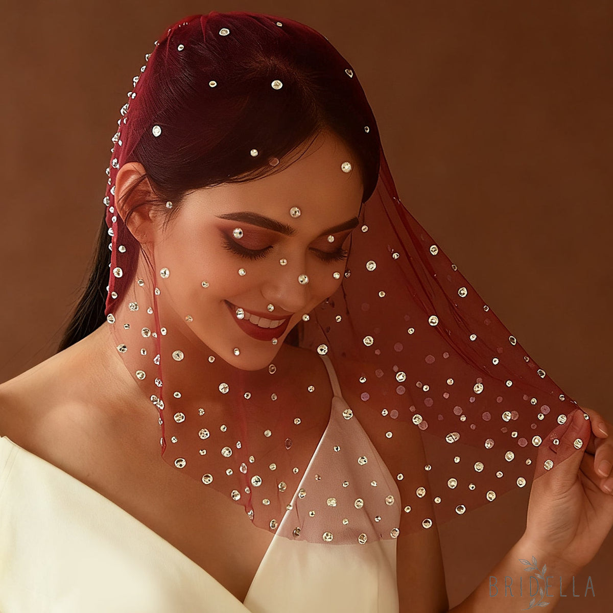 Burgundy Rhinestone Bridal Blusher Veil Mini Wedding Veil With Comb - Bridella BMA07-R - Red