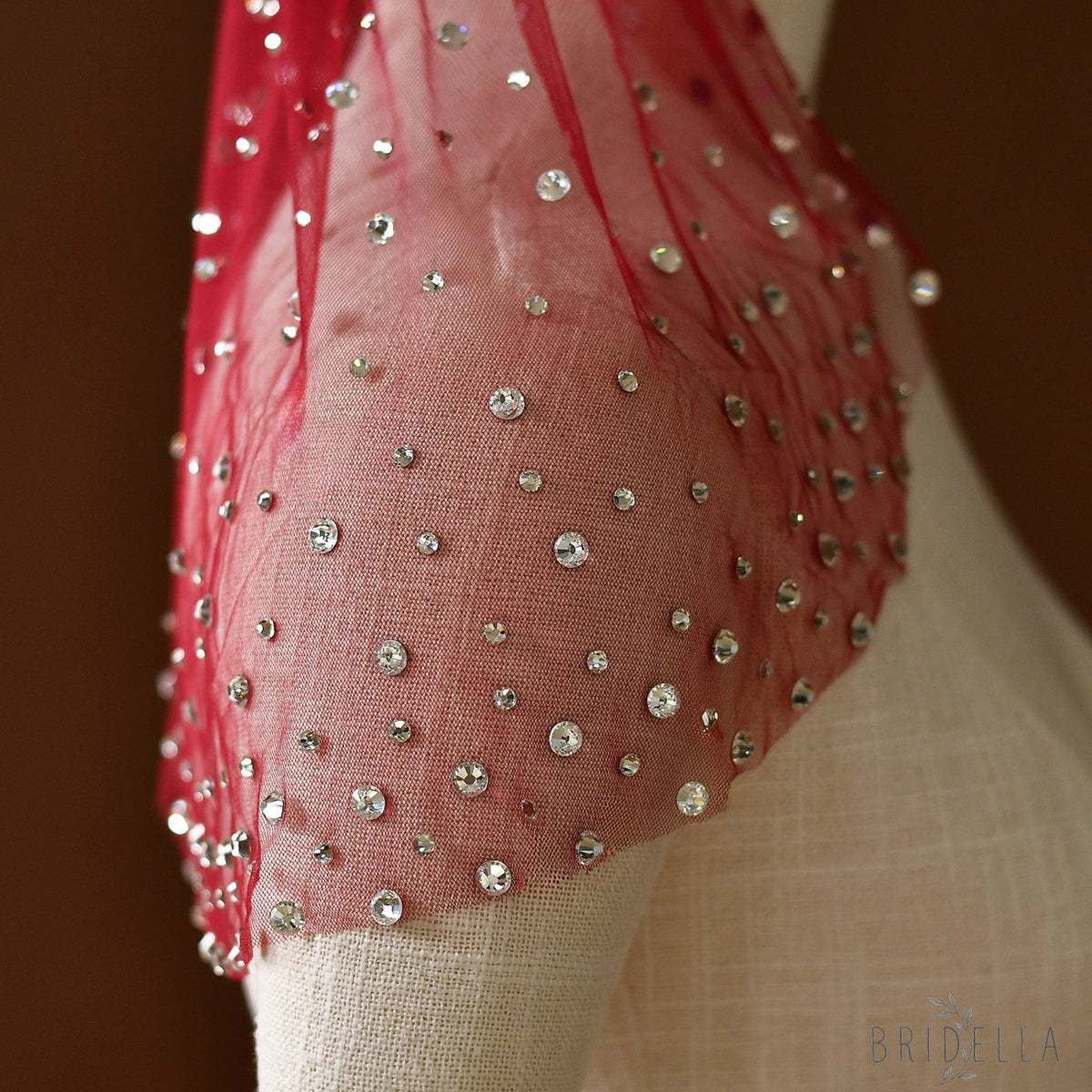 Burgundy Rhinestone Bridal Blusher Veil Mini Wedding Veil With Comb - Bridella BMA07-R - Red