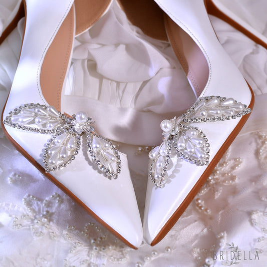 Butterfly Pearl Bridal Shoe Clips Wedding Heel Decoration - Bridella BHX62 - White