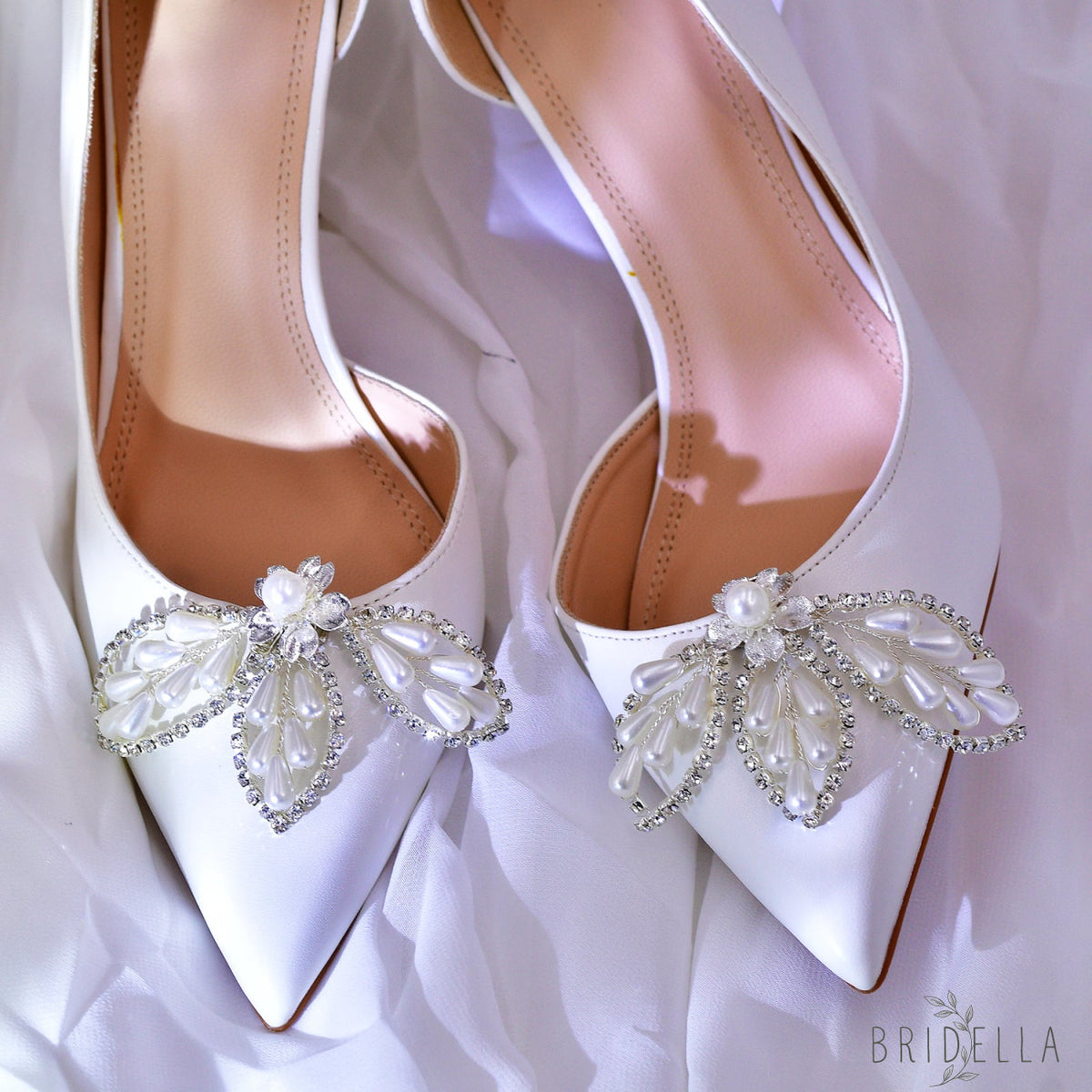 Butterfly Pearl Bridal Shoe Clips Wedding Heel Decoration - Bridella BHX62 - White