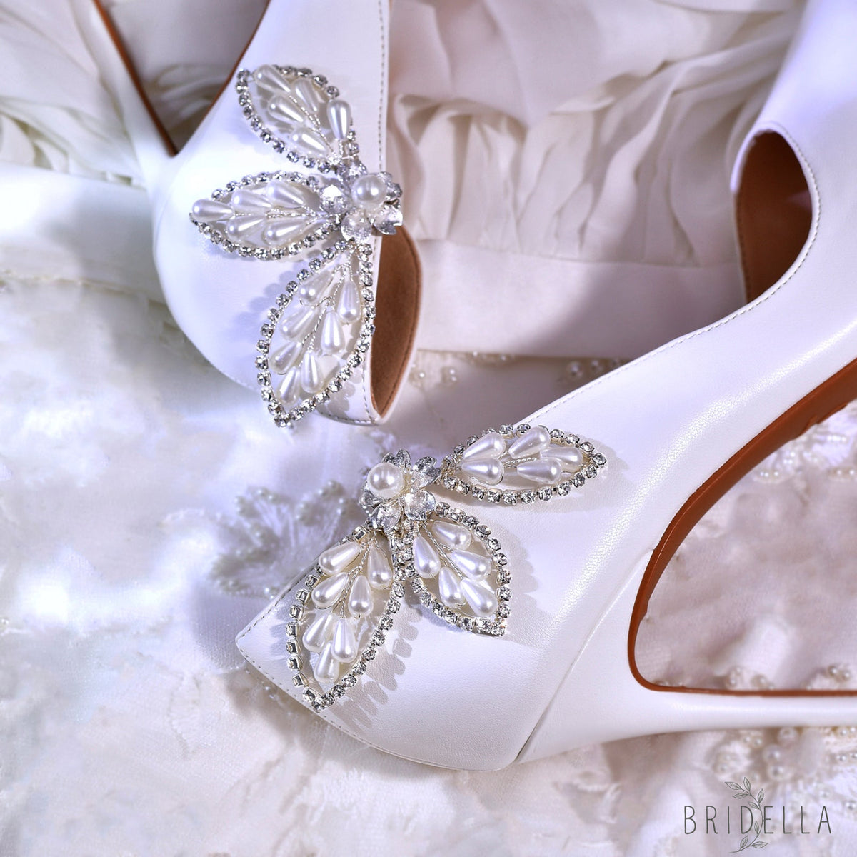 Butterfly Pearl Bridal Shoe Clips Wedding Heel Decoration - Bridella BHX62 - White