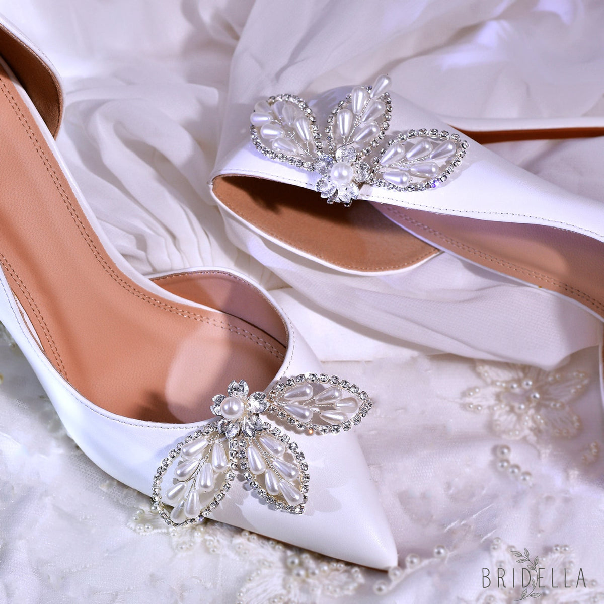 Butterfly Pearl Bridal Shoe Clips Wedding Heel Decoration - Bridella BHX62 - White