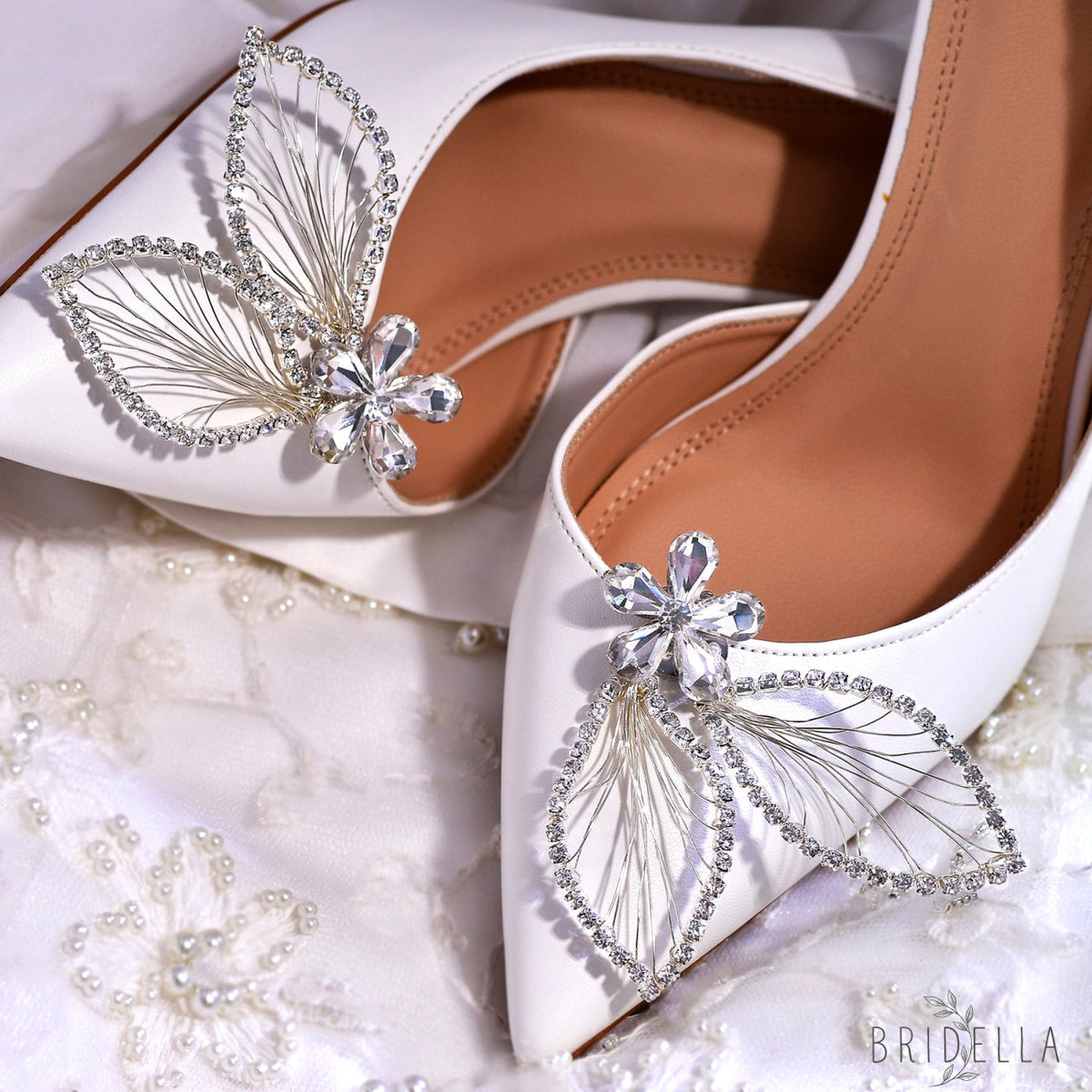 Butterfly Rhinestone Bridal Shoe Clips Wedding Heel Decoration - Bridella BHX52 - White