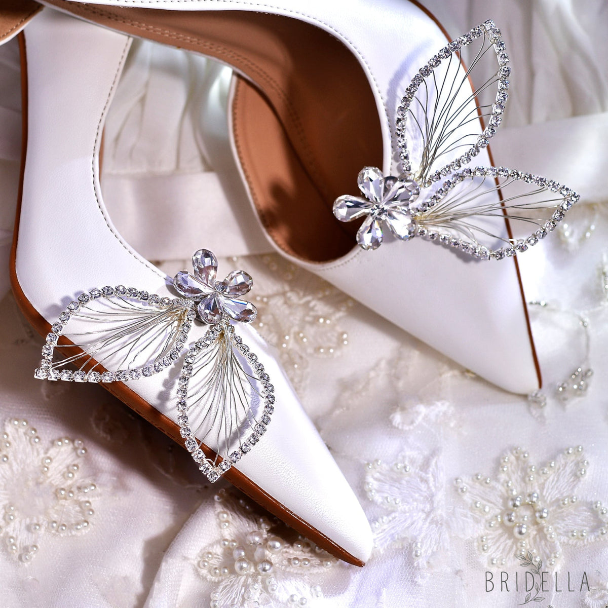 Butterfly Rhinestone Bridal Shoe Clips Wedding Heel Decoration - Bridella BHX52 - White