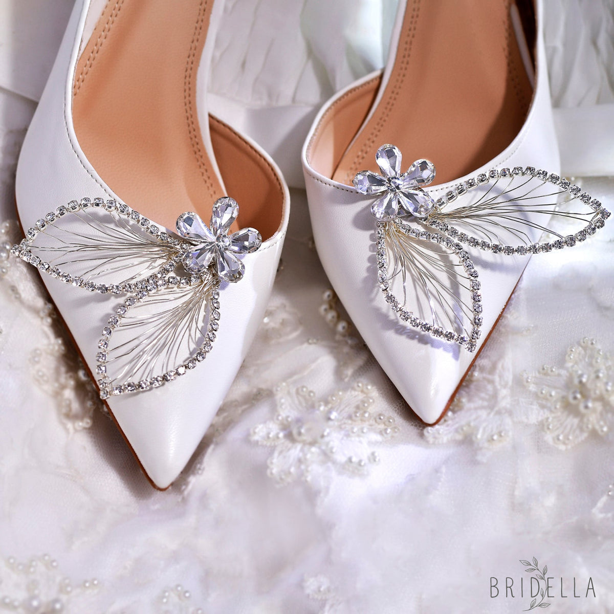 Butterfly Rhinestone Bridal Shoe Clips Wedding Heel Decoration - Bridella BHX52 - White