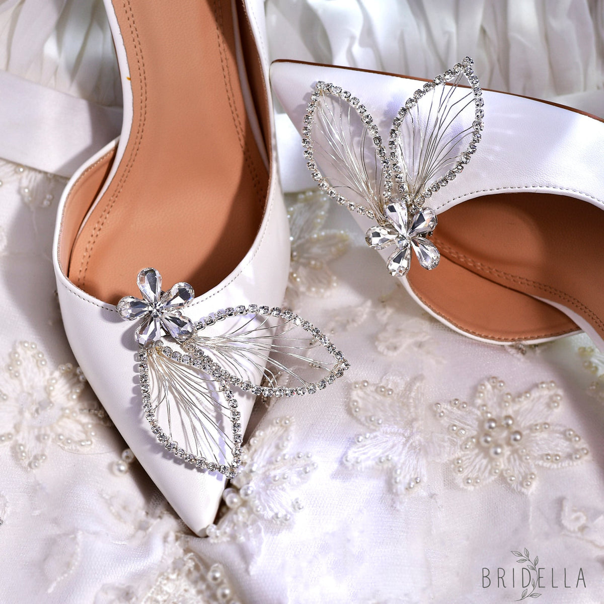 Butterfly Rhinestone Bridal Shoe Clips Wedding Heel Decoration - Bridella BHX52 - White