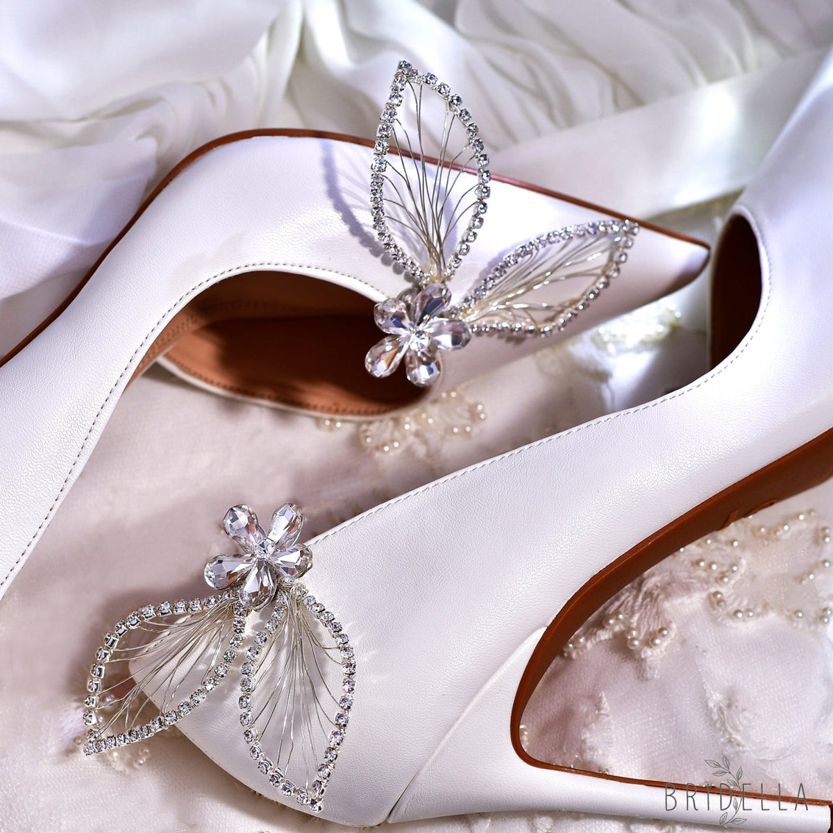Butterfly Rhinestone Bridal Shoe Clips Wedding Heel Decoration - Bridella BHX52 - White