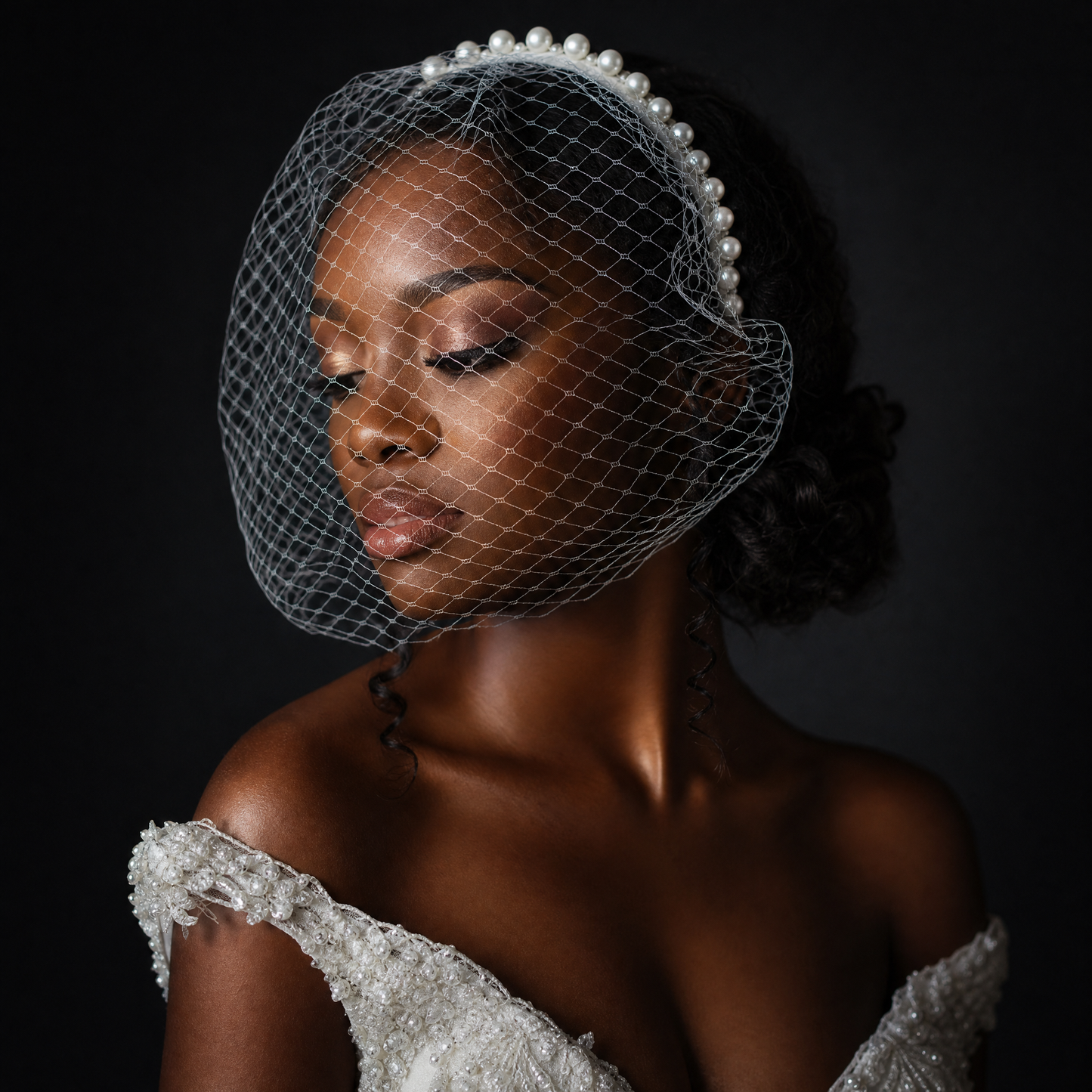 White Pearl Mesh Bridal Face Veil Headband for Wedding - Bridella BVA11-W