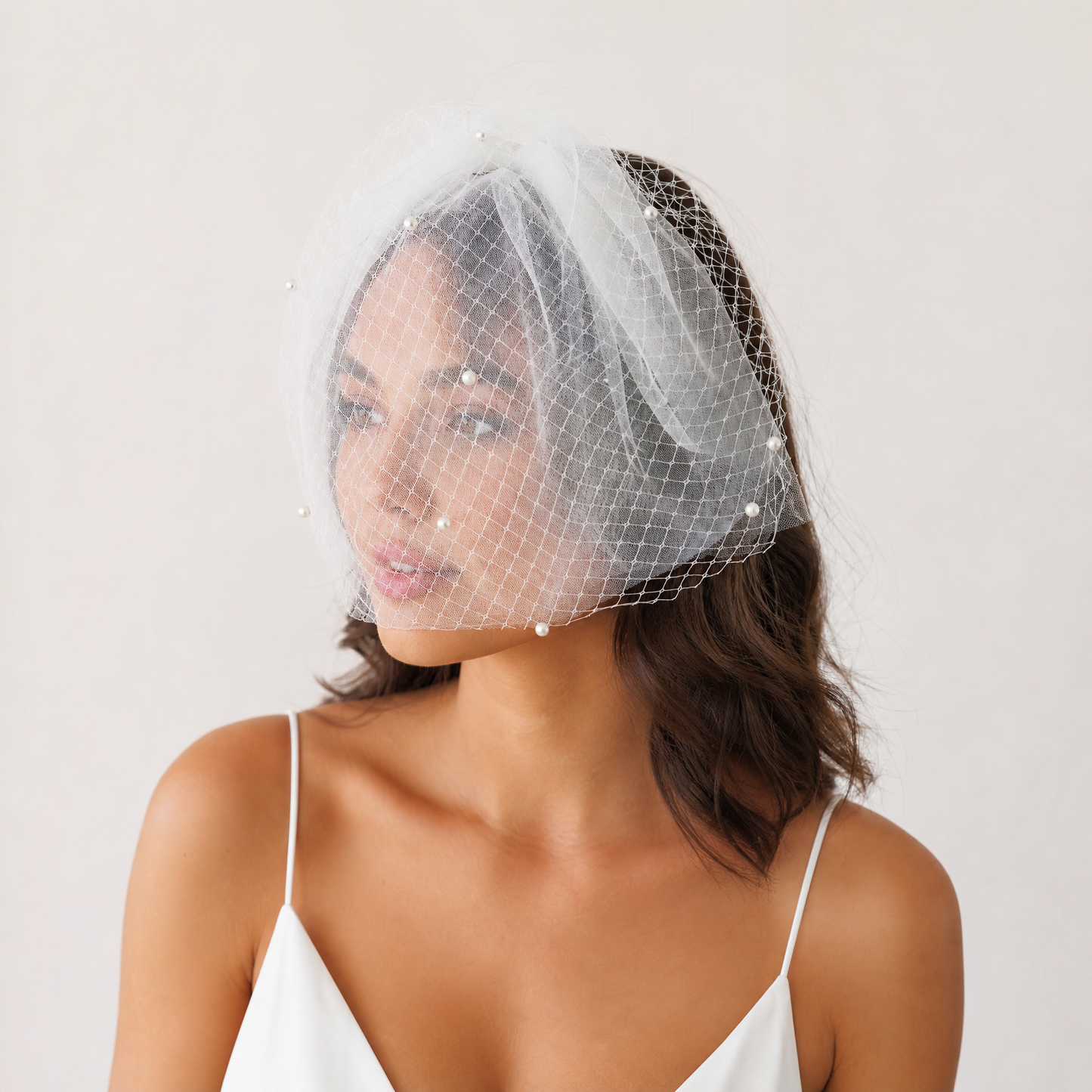 White Beaded Birdcage Bridal Veil Two Layer - Bridella BVA01