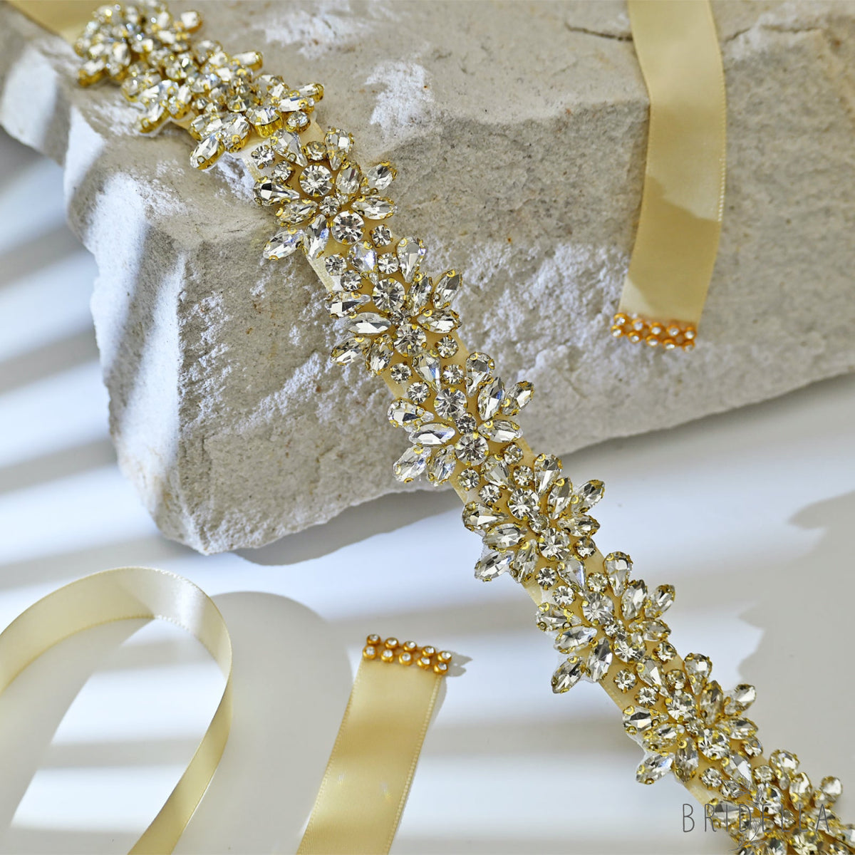Champagne Gold Rhinestone Bridal Sash Ribbon Wedding Dress Belt – Bridella BS269G-D - Gold - Belts