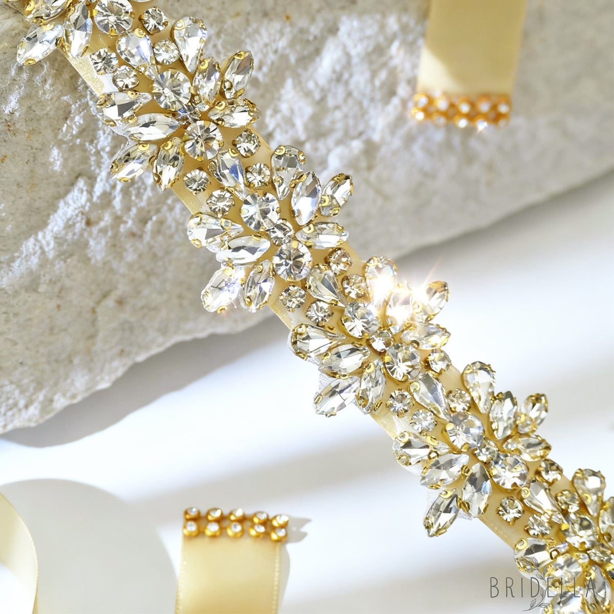 Champagne Gold Rhinestone Bridal Sash Ribbon Wedding Dress Belt – Bridella BS269G-D - Gold - Belts