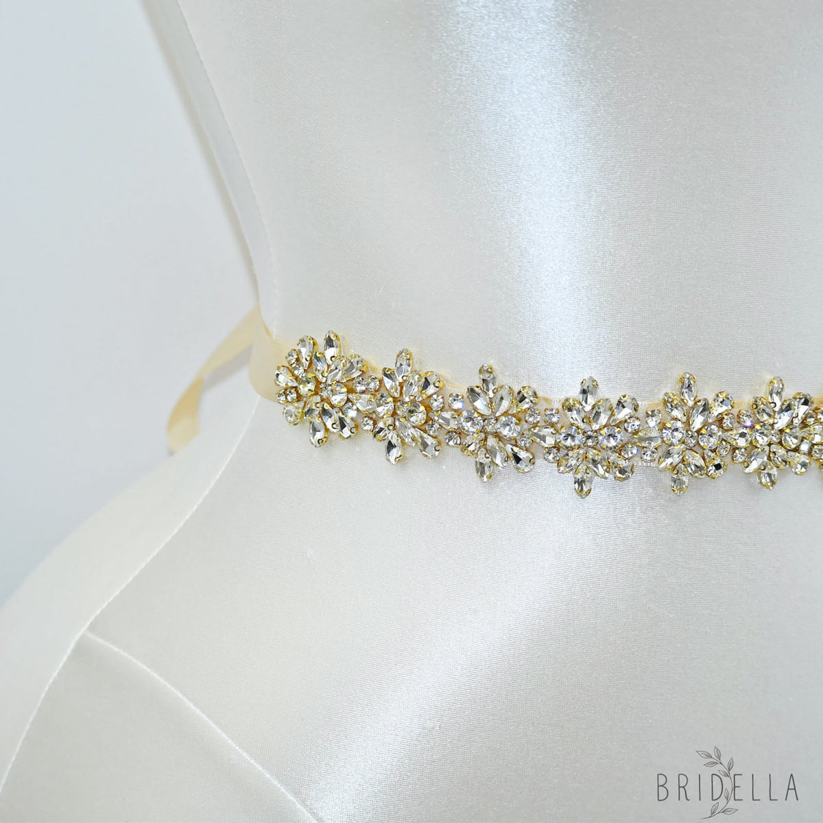 Champagne Gold Rhinestone Bridal Sash Ribbon Wedding Dress Belt – Bridella BS269G-D - Gold - Belts