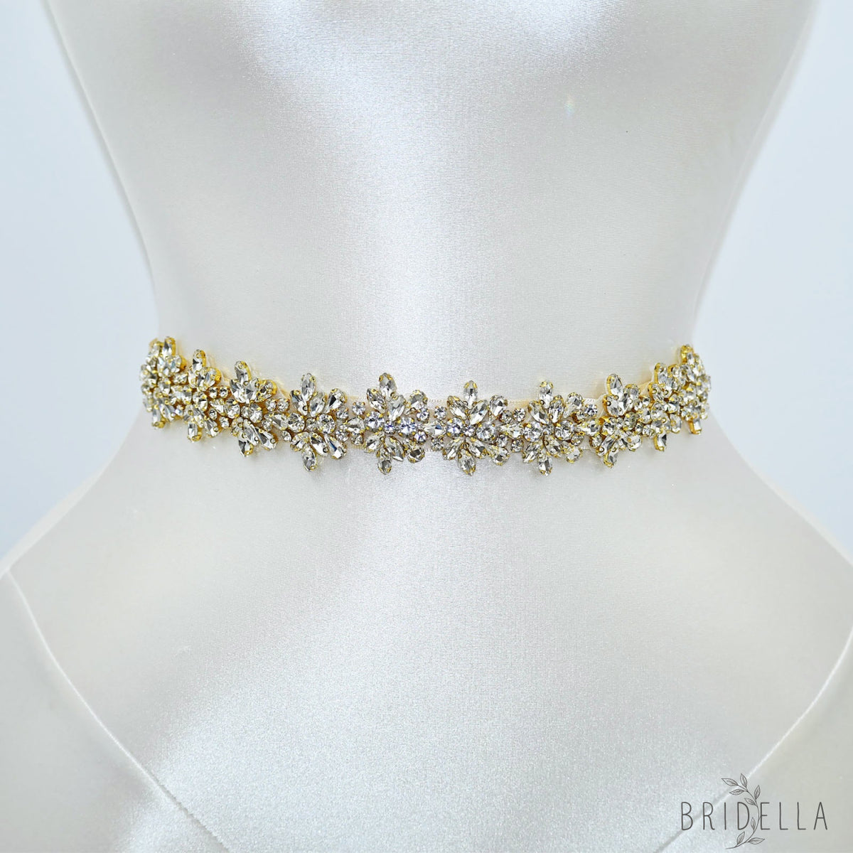 Champagne Gold Rhinestone Bridal Sash Ribbon Wedding Dress Belt – Bridella BS269G-D - Gold - Belts
