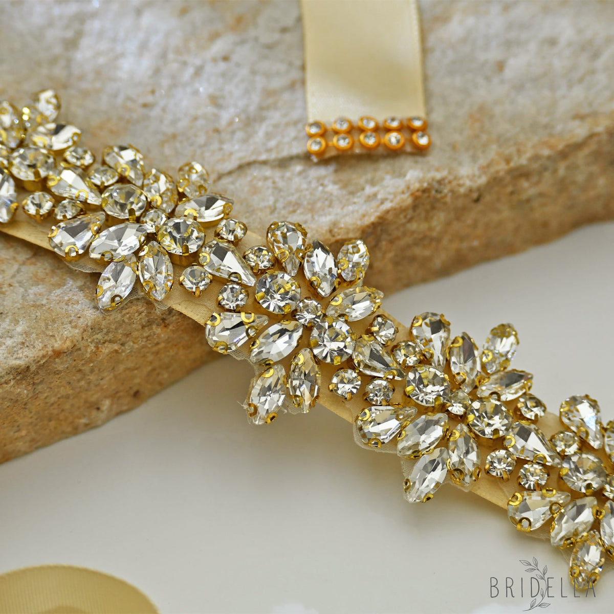Champagne Gold Rhinestone Bridal Sash Ribbon Wedding Dress Belt – Bridella BS269G-D - Gold - Belts
