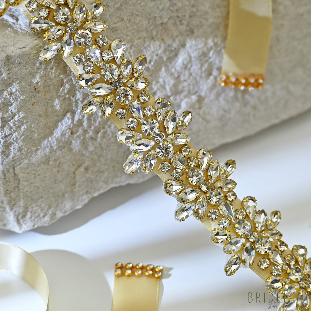 Champagne Gold Rhinestone Bridal Sash Ribbon Wedding Dress Belt – Bridella BS269G-D - Gold - Belts
