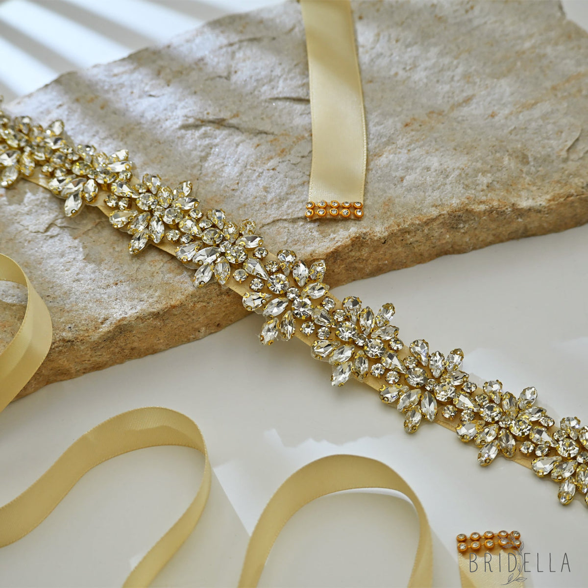 Champagne Gold Rhinestone Bridal Sash Ribbon Wedding Dress Belt – Bridella BS269G-D - Gold - Belts