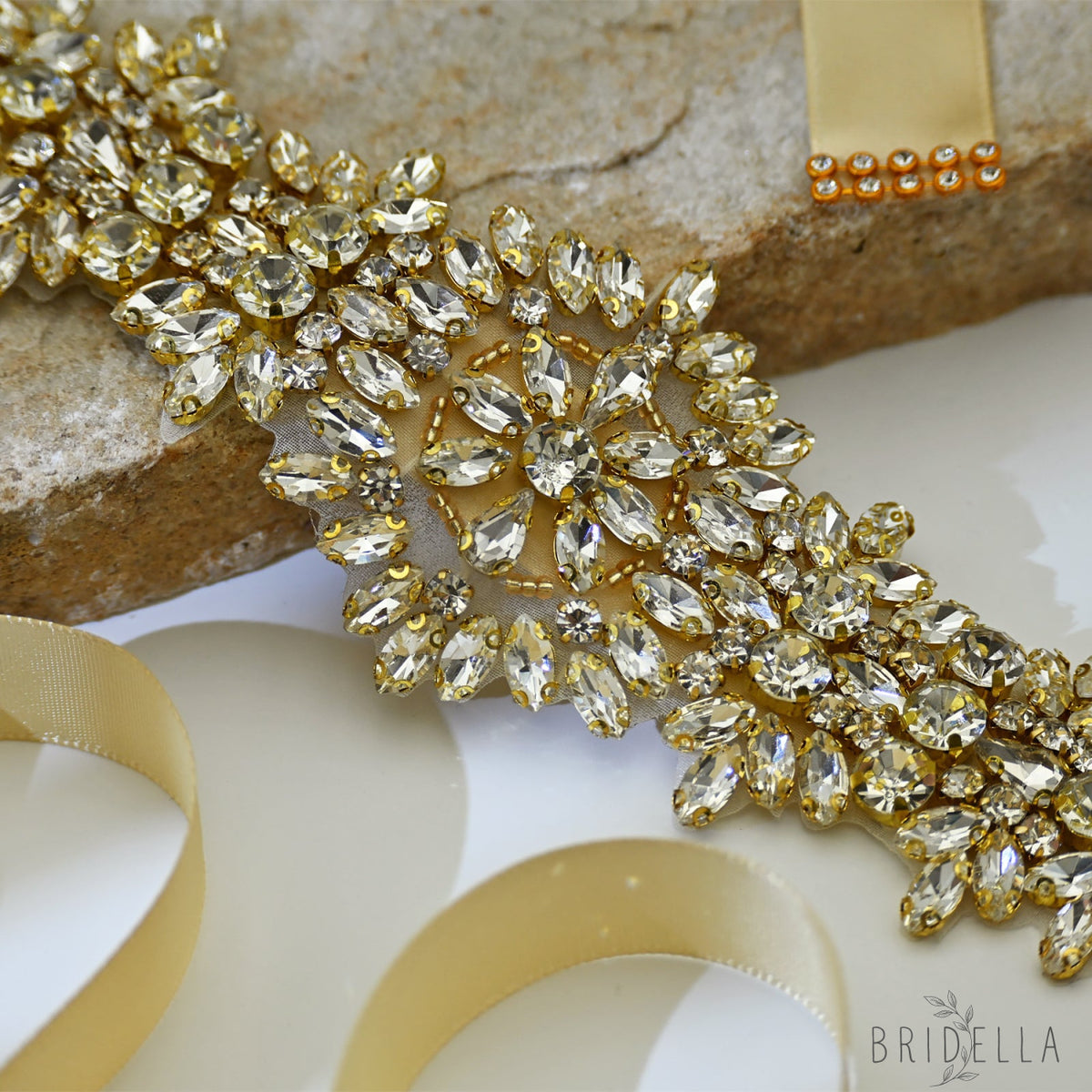 Champagne Rhinestone Bridal Dress Belt for Wedding - Bridella BS319-G - Champagne - Belts