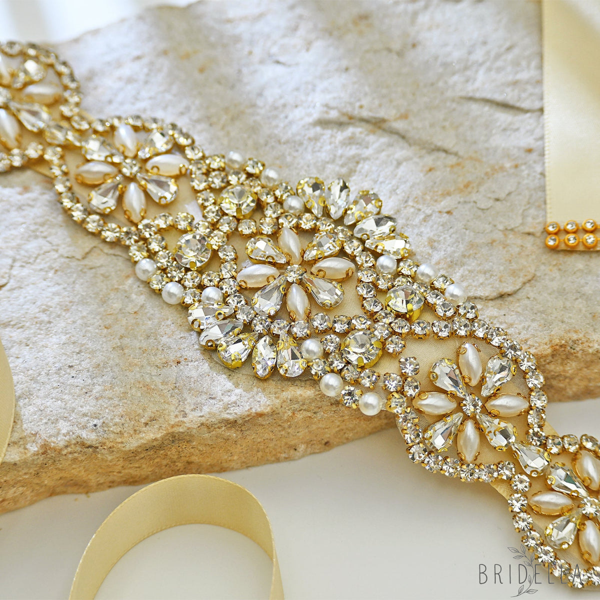 Champagne Rhinestone & Pearl Bridal Dress Belt for Wedding - Bridella BS161-G - Champagne - Belts