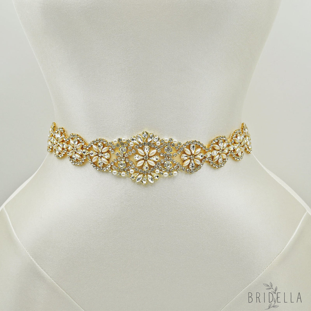 Champagne Rhinestone & Pearl Bridal Dress Belt for Wedding - Bridella BS161-G - Champagne - Belts