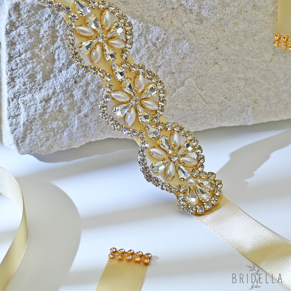 Champagne Rhinestone & Pearl Bridal Dress Belt for Wedding - Bridella BS161-G - Champagne - Belts
