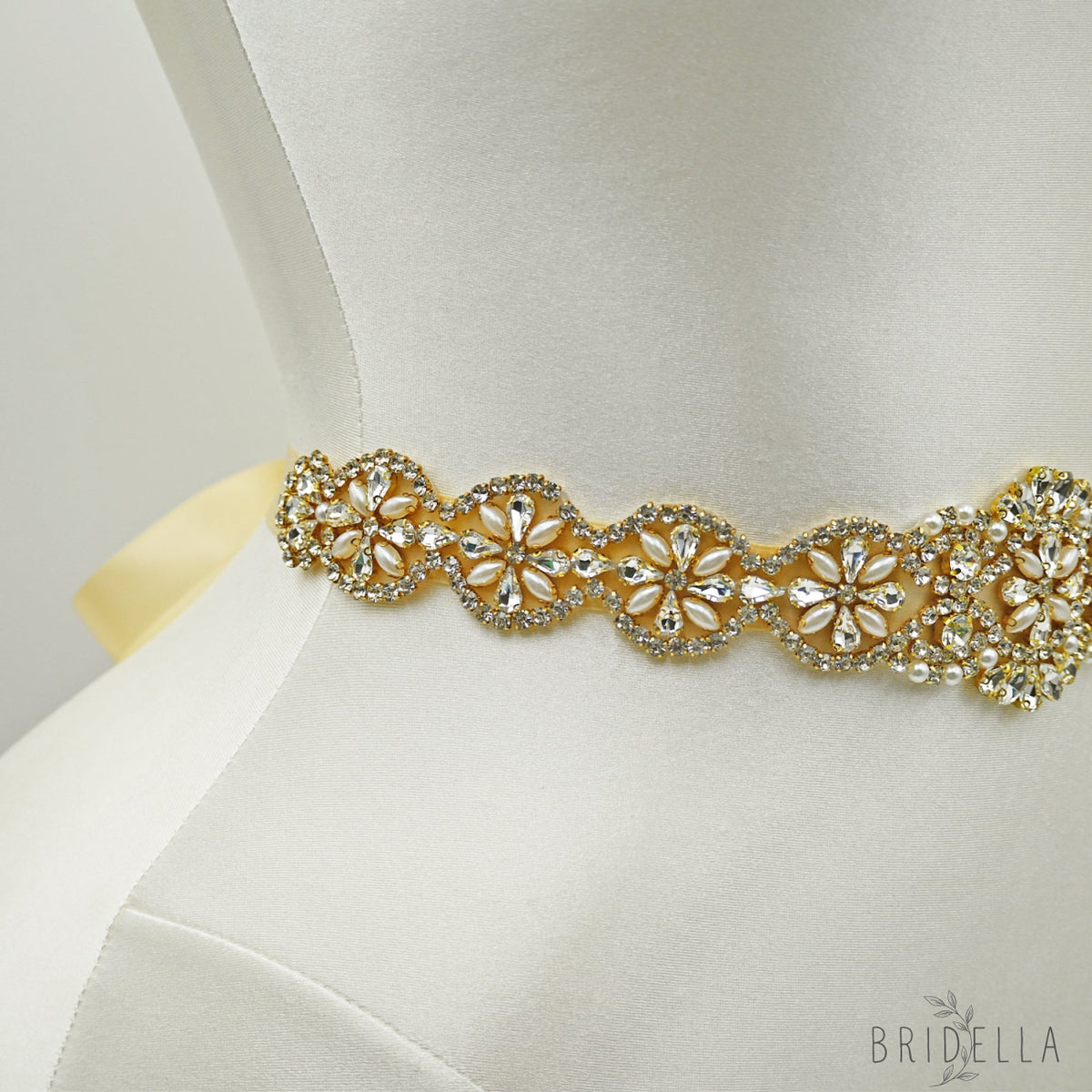 Champagne Rhinestone & Pearl Bridal Dress Belt for Wedding - Bridella BS161-G - Champagne - Belts