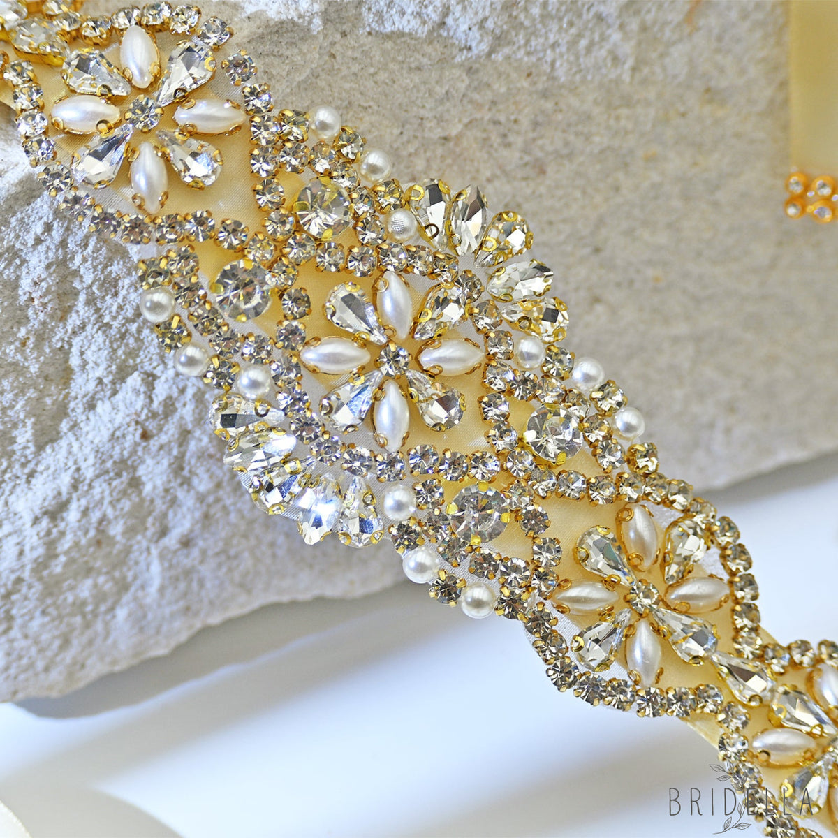 Champagne Rhinestone & Pearl Bridal Dress Belt for Wedding - Bridella BS161-G - Champagne - Belts