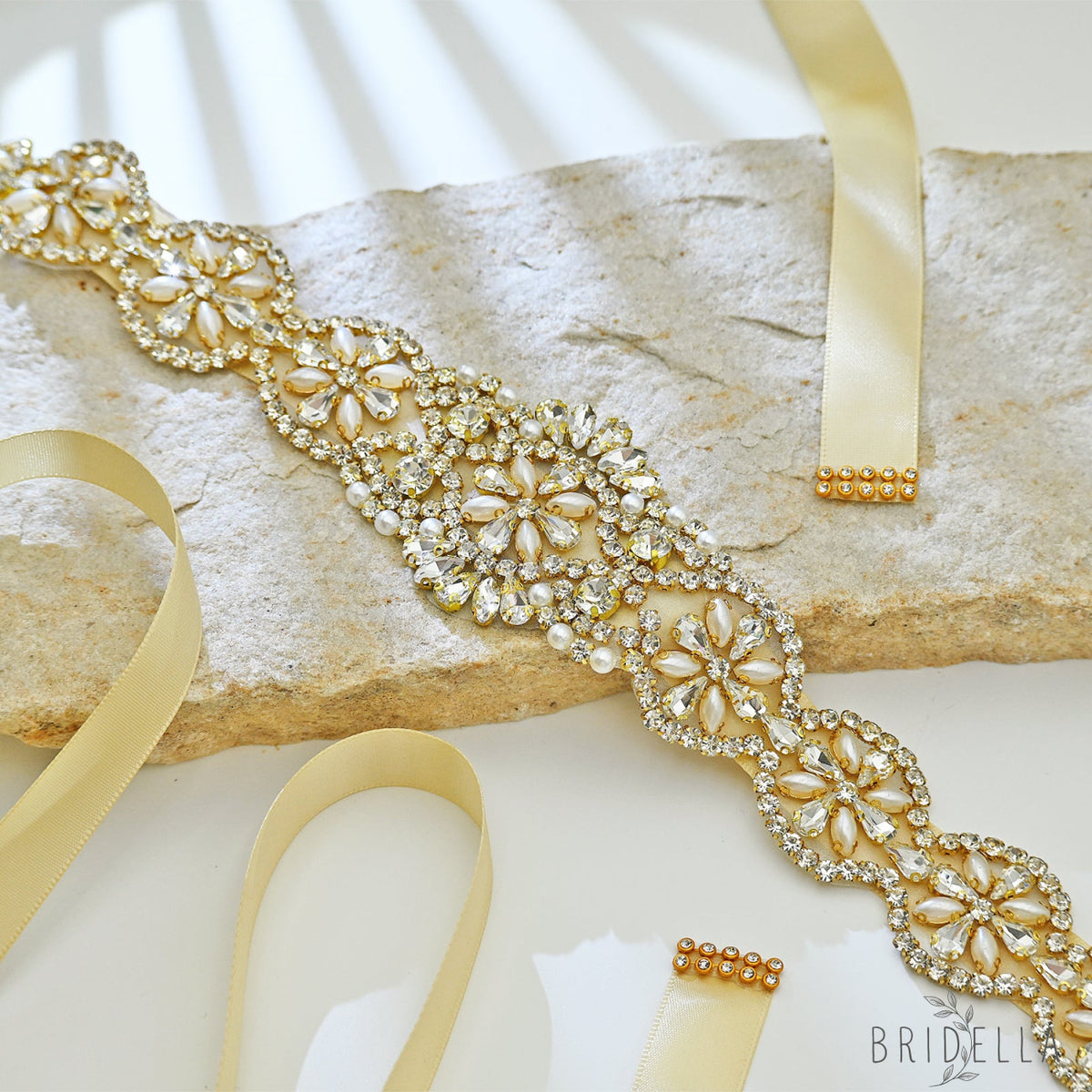 Champagne Rhinestone & Pearl Bridal Dress Belt for Wedding - Bridella BS161-G - Champagne - Belts
