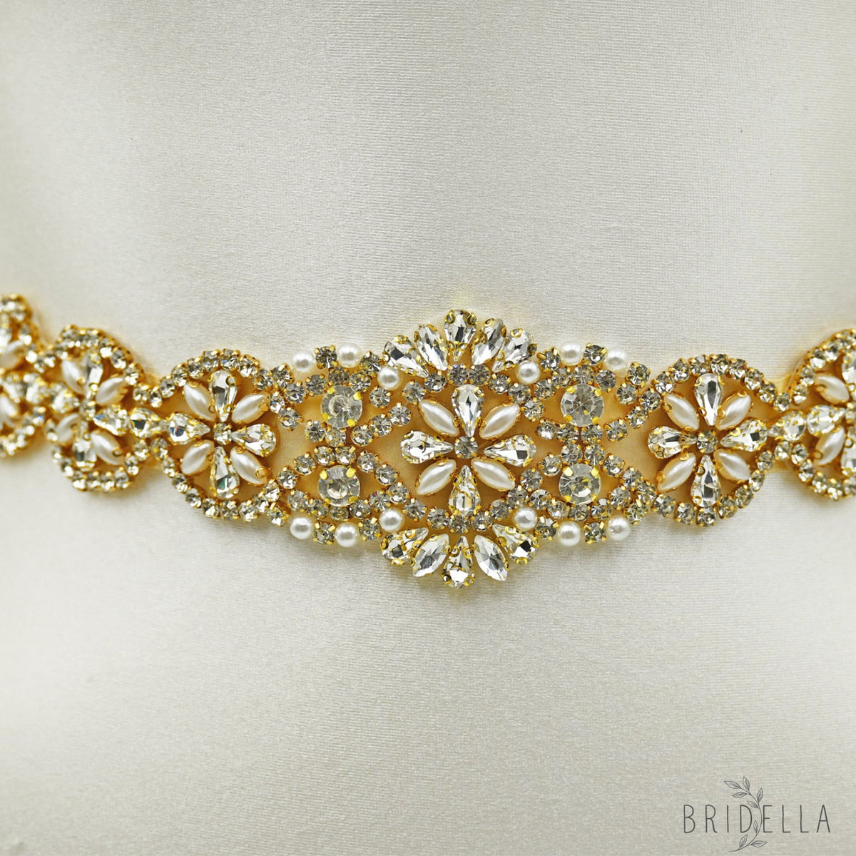 Champagne Rhinestone & Pearl Bridal Dress Belt for Wedding - Bridella BS161-G - Champagne - Belts