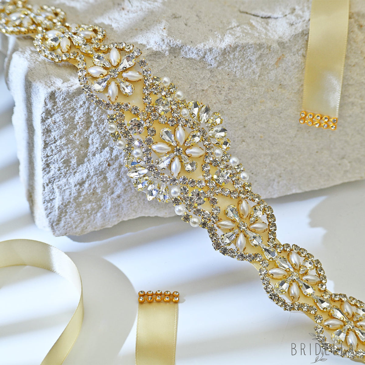 Champagne Rhinestone & Pearl Bridal Dress Belt for Wedding - Bridella BS161-G - Champagne - Belts