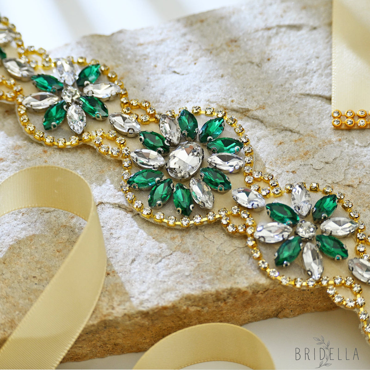 Champagne Ribbon Emerald Green Rhinestone Bridal Sash Wedding Dress Belt – Bridella BS257 - red 1 - Belts